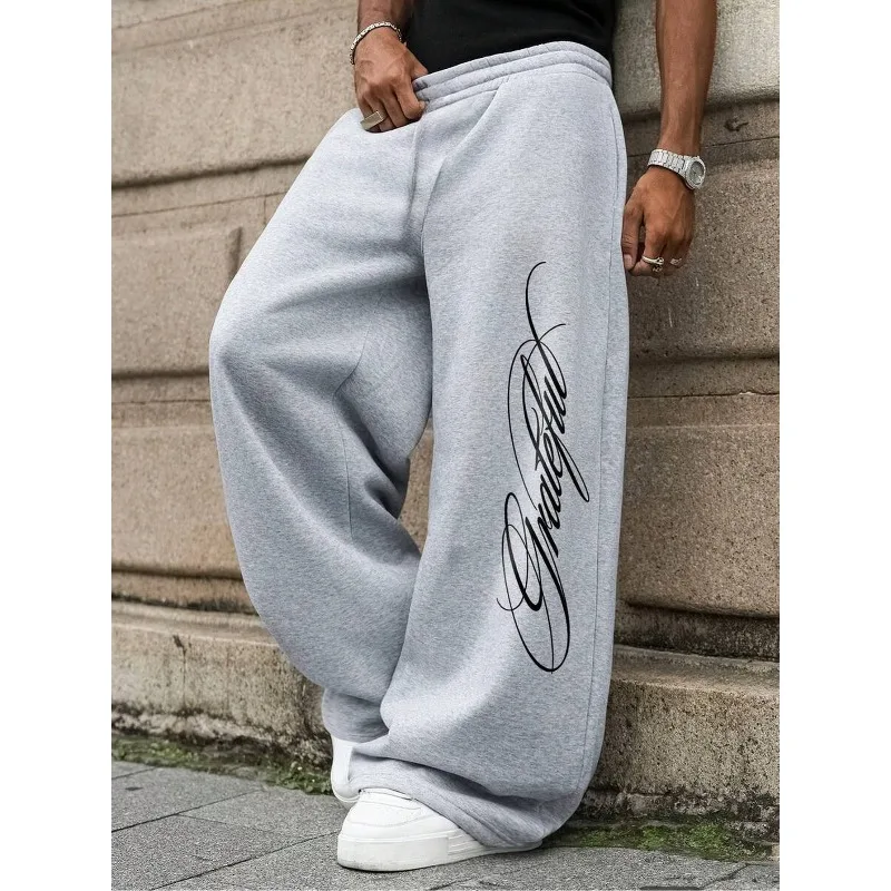 Men's American themed cursive print wide leg jogging pants  knitted sports pants,casual and simple style,loose retro street wear