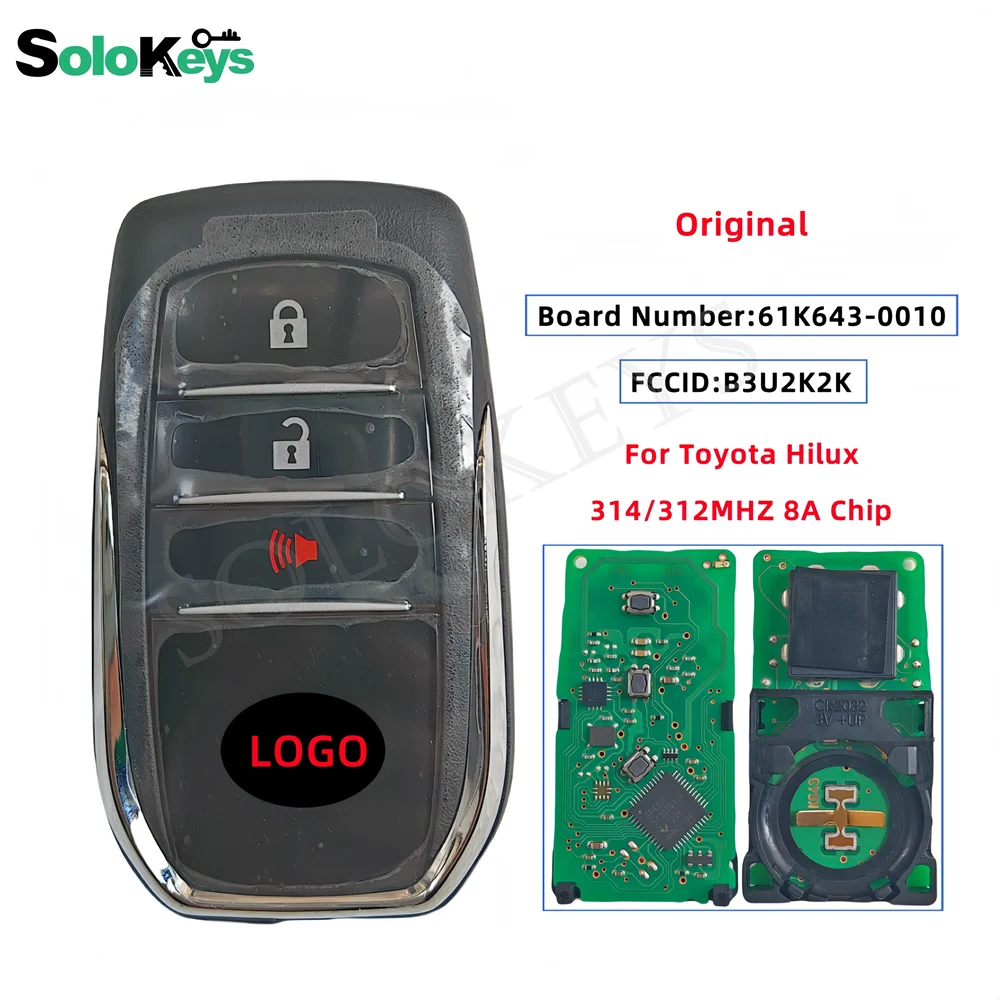 SOLOKEYS Fccid:B3U2K2K Board Number:61K643-0010 For Toyota Fortuner Hilux Original Smart Remote Key 314/312MHZ 8AChip With LOGO