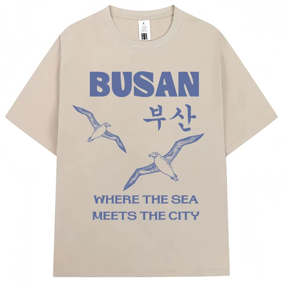 Korean Style Busan Seagull Graphic T Shirts Men Women Harajuku Fashion 90s Vintage T-shirt Cotton Oversized Casual T Shirt Gifts