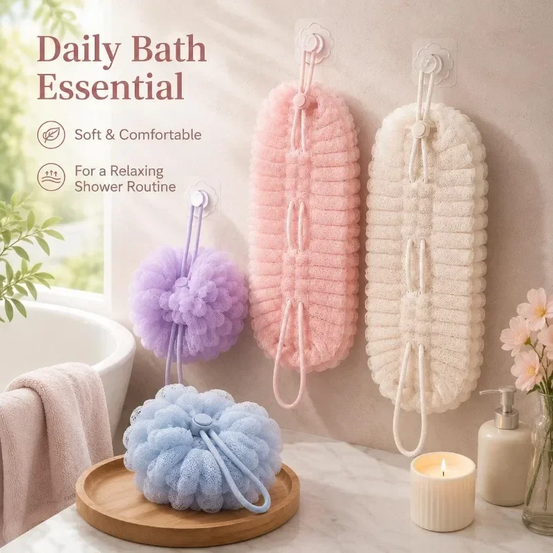 2 in 1 Bath Scrub Towel Back Cleaning Brush and Shower Sponge with Suction Cup Soft Mesh Hook Portable Durable for Bathroom