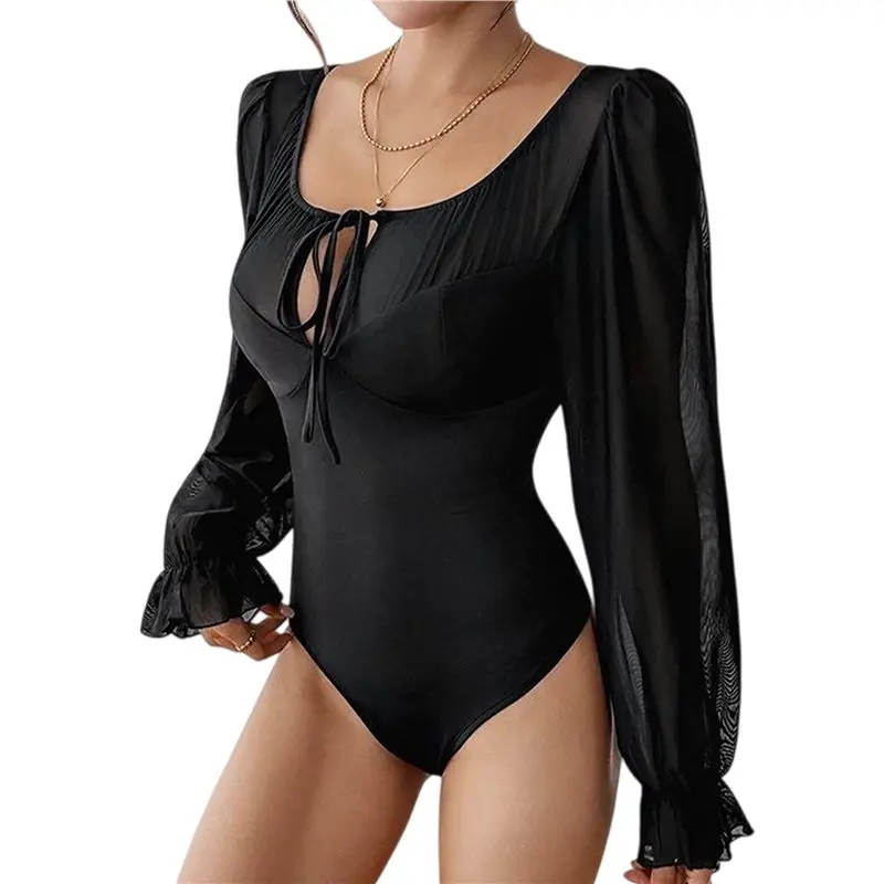 CYL-Body a maniche corte a maniche lunghe con collo alla caviglia per donna Top per uscire con maniche a volant in rete