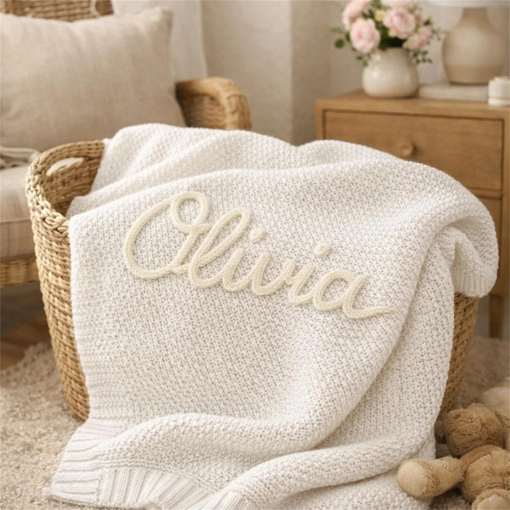 Custom Name Cord Embroidered Knit Baby Blanket, Soft Cozy Knitted Infant Swaddle Wrap Newborn Baby Shower Keepsake Gift