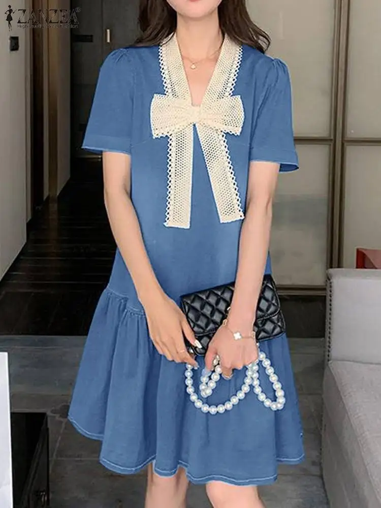 Elegant Women Summer Dress ZANZEA New Denim Blue Party Sundress Short Sleeve Ruffles Hem Vestidos Bow Tie Work Robe Femme