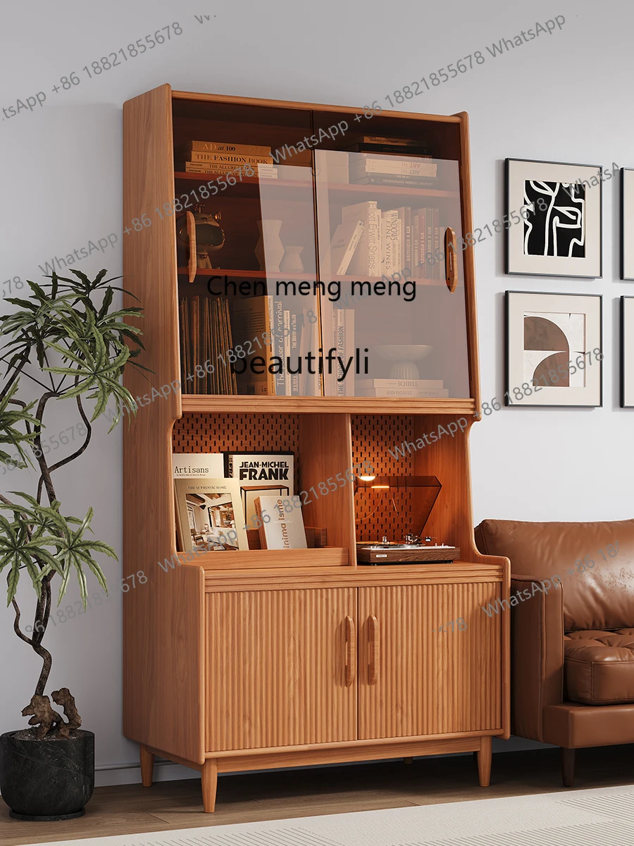 New arrive Nordic retro solid wood bookcase pine glass door household storage side cabinet removable log bookshelf