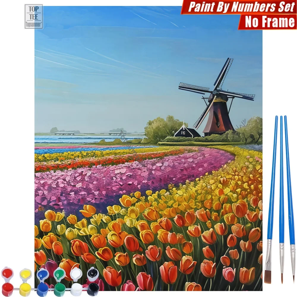 Kit de pintura al óleo digital con tulipanes y molinos de viento holandeses - Campo en flor vibrante, actividades familiares, regalo de Navidad para mamá