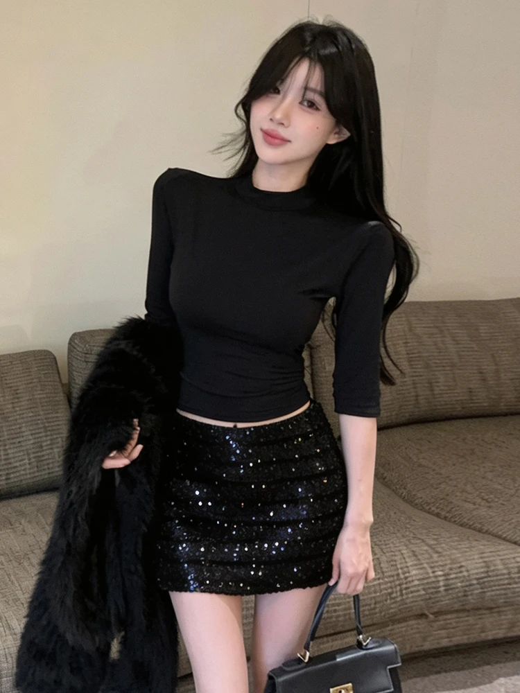 Slim Fit High Collar T-Shirt And Short Skirt Set Leopard Print Sequin Slimming mid Sleeve Top Women's Fashion Casual Outfit