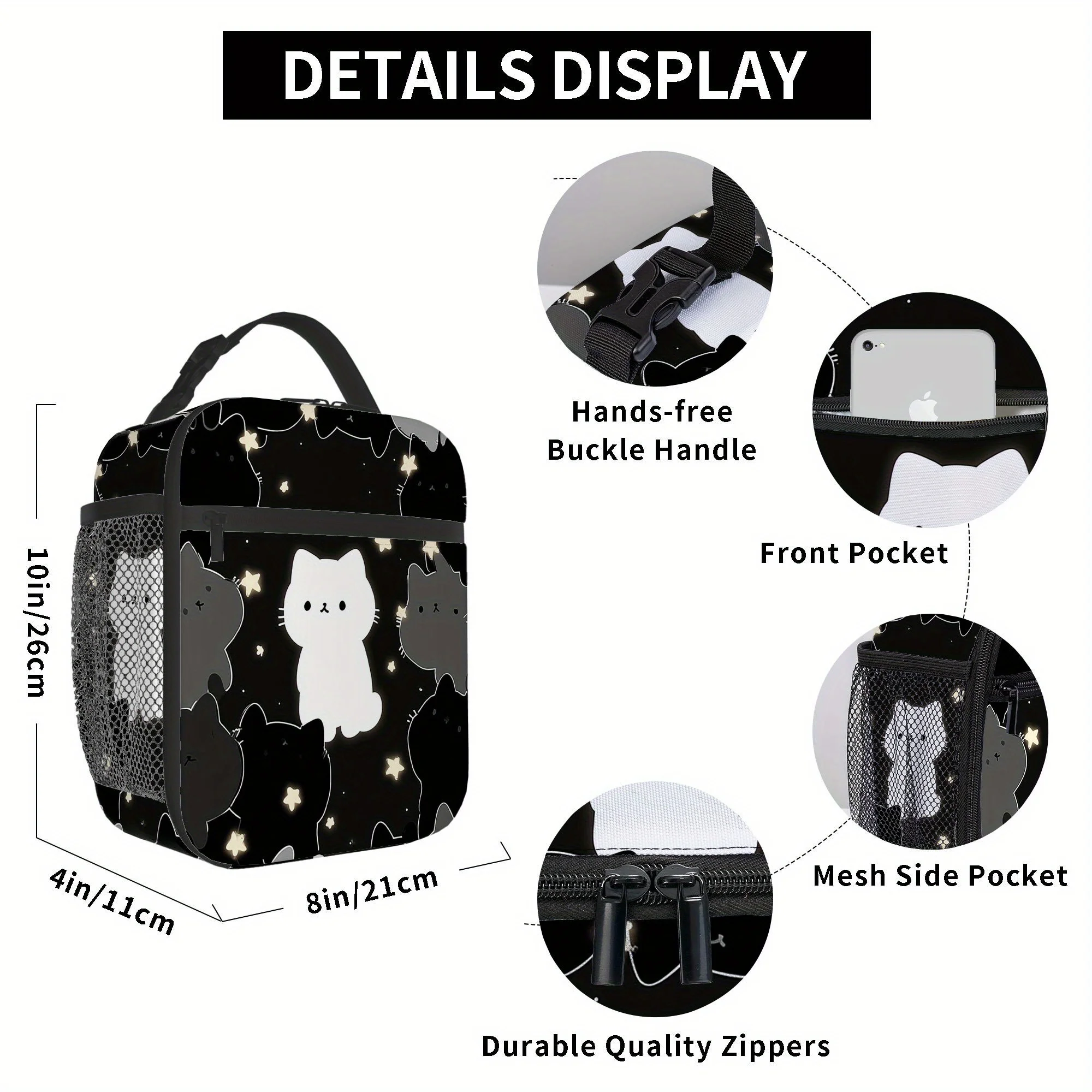Cute Cat & Glowing Stars Printed Insulated Thermal Bag for Home, Office, Restaurant Use Insulated Lunch Bag