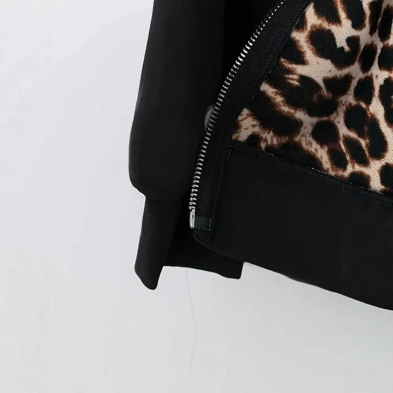 Outono novo leopardo impressão plus size casual casaco de cor sólida, casaco feminino de manga comprida com zíper