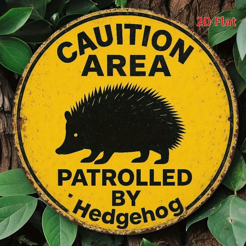 Vintage Rustic Hedgehog Patrol Area Metal Sign - 20x20cm/7.8x7.8in Yellow & Black Humorous Wildlife Decor for Home, Office, Coff