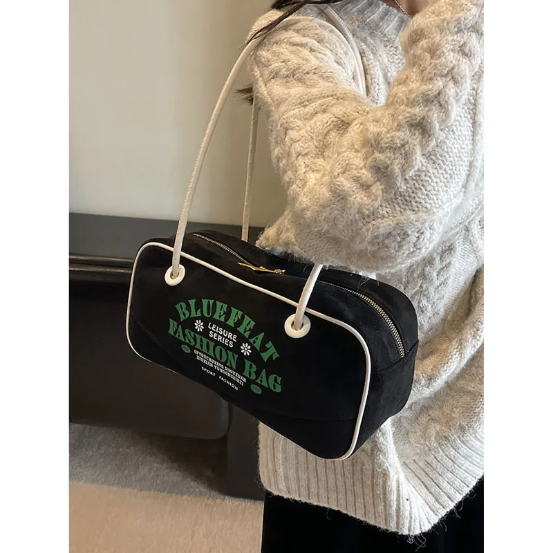 Retro Faux Suede Underarm Bag Lady Autumn Winter 2023 New Fashion Letter Printed Handbag Shoulder Bag Large Capacity Square Pack