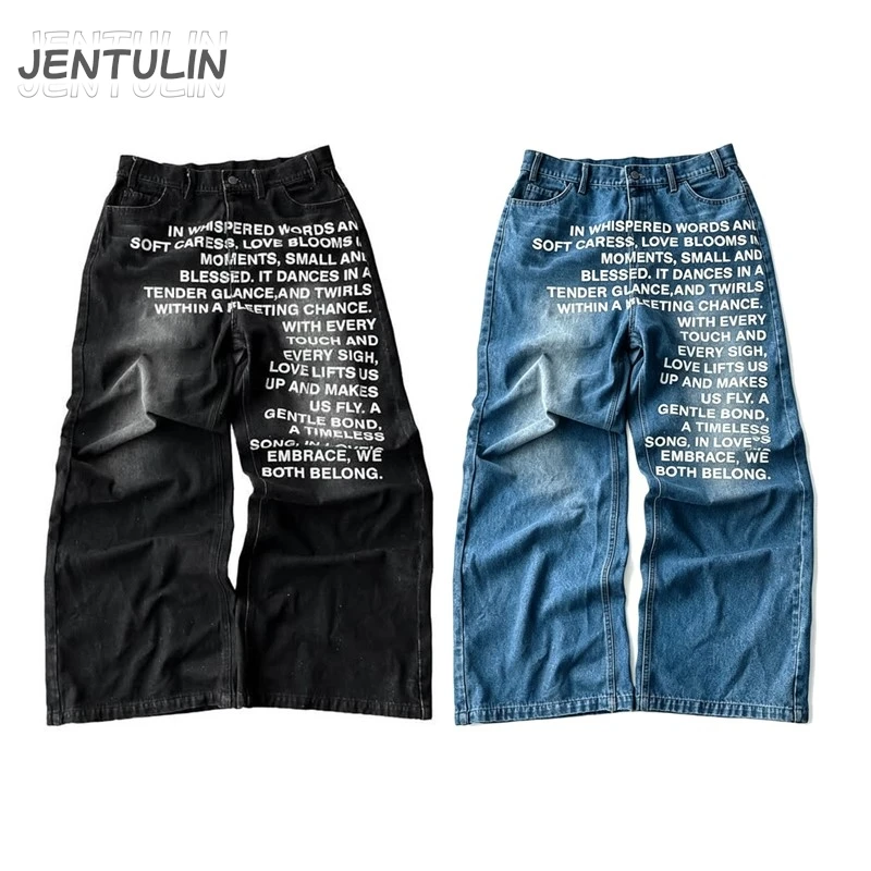 Calça Jeans Masculina e Feminina Unissex Estilo Americano Retrô com Estampa de Letras, Moda High Street Y2K Gótica, Baggy Casual de Perna Larga e Comp
