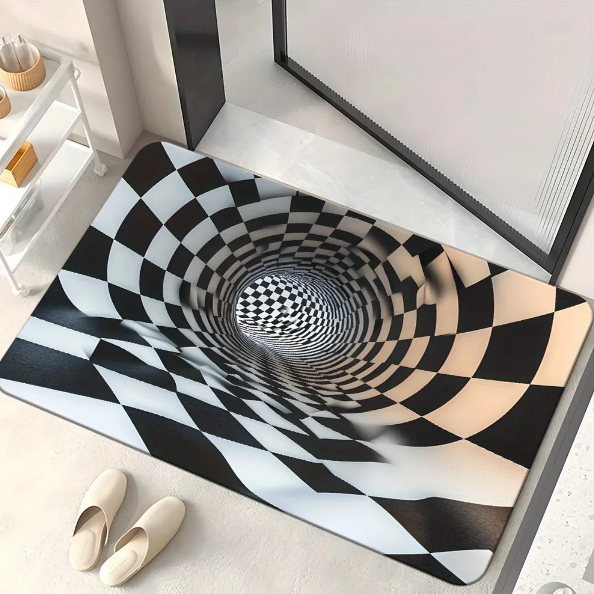 Black and White Optical Illusion Tunnel Bathroom Mat Rug for Entryway Shower Floor Decor