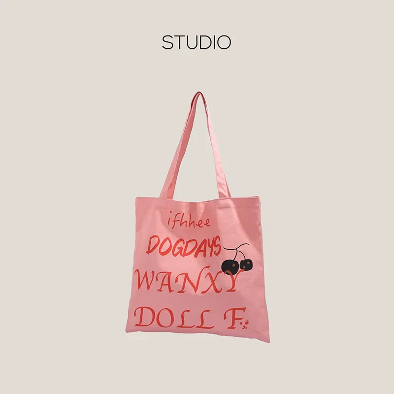 Estate stile coreano rosa tela Eco Shopping Tote sacchetto regalo di san valentino per le donne nero ciliegia lettera inglese semplice minimalismo