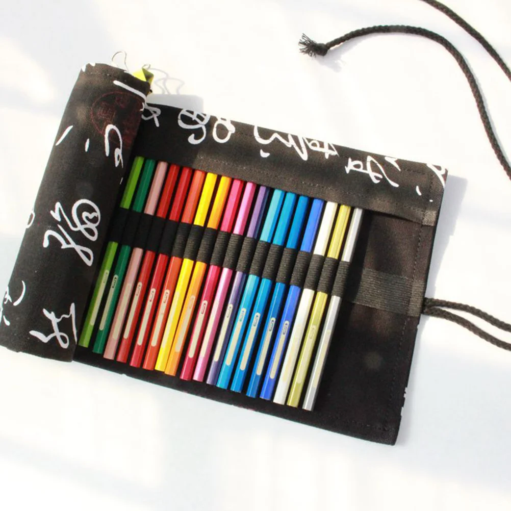 Handgefertigte Kalligraphie-Bleistiftrolle aus Segeltuch, tragbar, 48 elastische Fächer, Aufbewahrungsorganisator, tragbares Federmäppchen