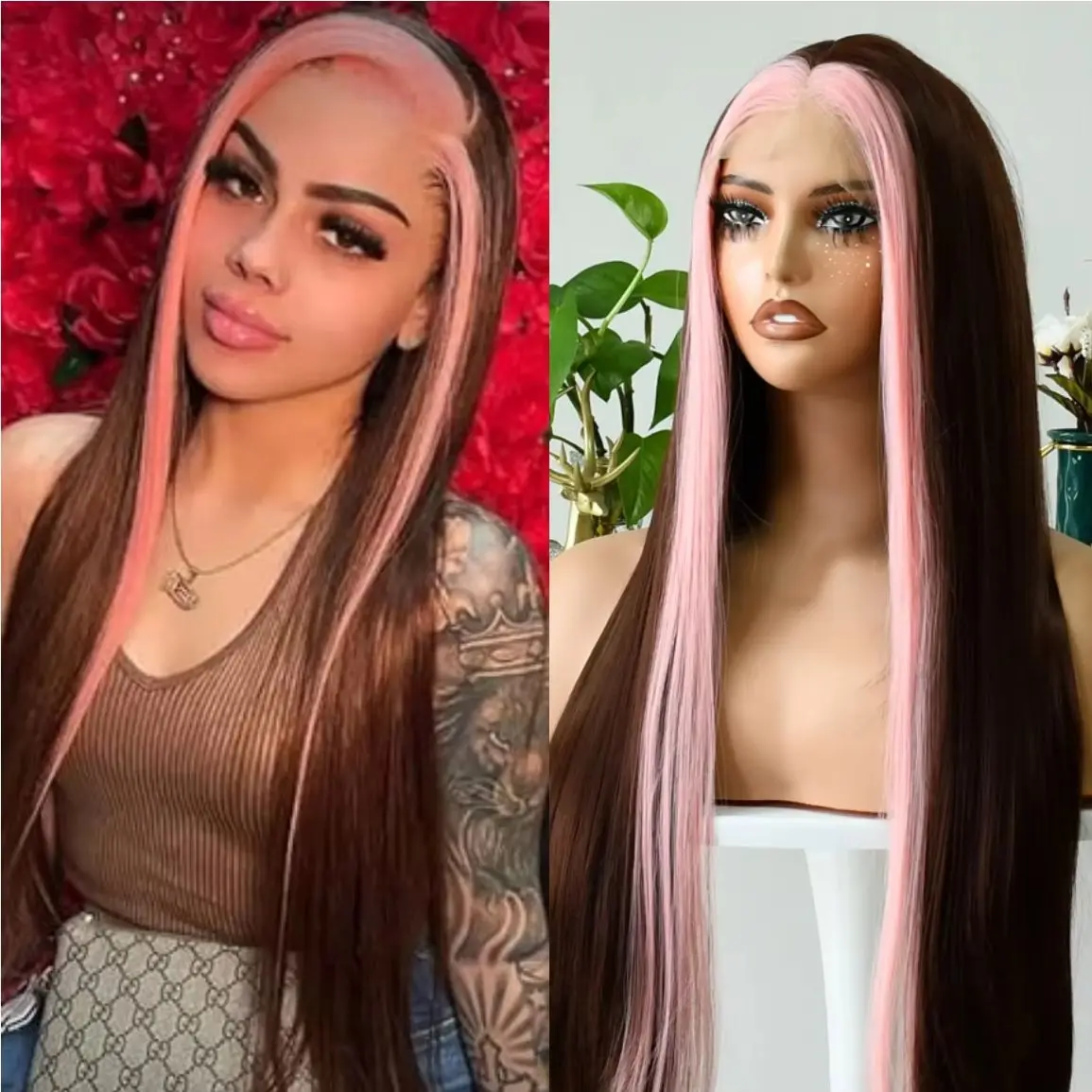 

Коричневые с розовыми прядями парики 32 дюйма, длинные, шелковистые, прямые, термостойкие, 13X4 HD, из синтетических волос, с возможностью свободной укладки, для повседневного использования и косплея, для женщин