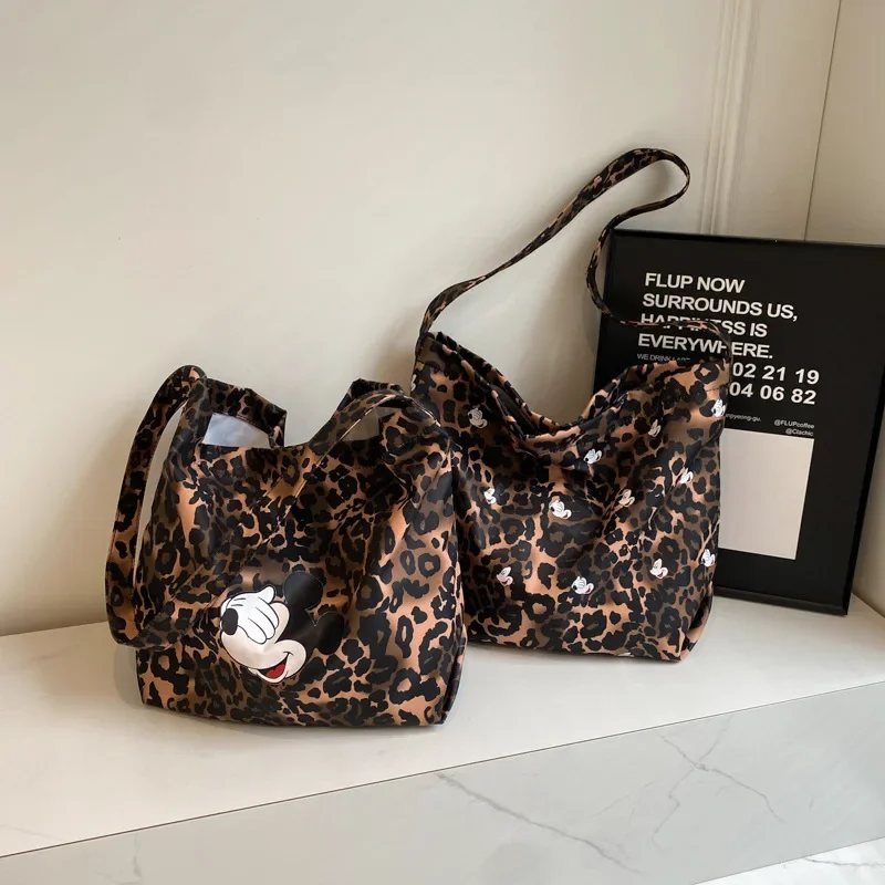 Bolso de mano de leopardo de gran capacidad de Mickey Mouse de Disney, bolso de hombro tipo mensajero informal a la moda de verano para mujer, bolso cruzado de Minnie