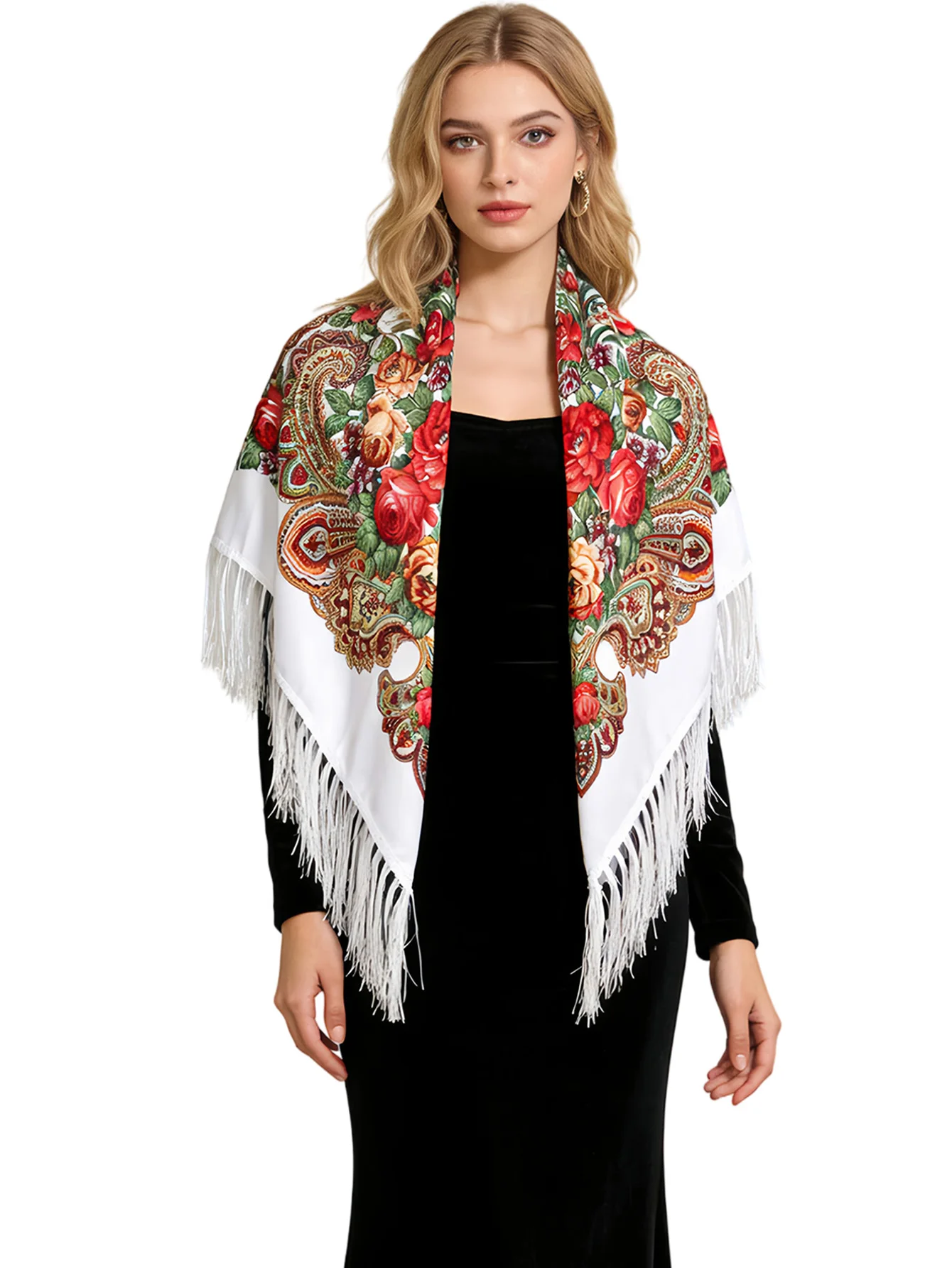 Pañuelo Cuadrado de 110*110cm con Borlas Estilo Étnico para Mujer, Hijabs de Lujo, Mantas Estampadas, Envolturas Cálidas para la Cabeza, Babushka
