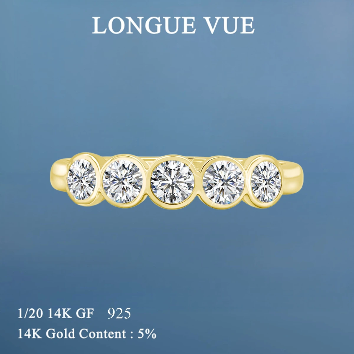 

14K Gold Filled Five Stone Ring Wedding Band Bezel Setting Moissanite Ring for Women Engagement Party Jewelry Gift