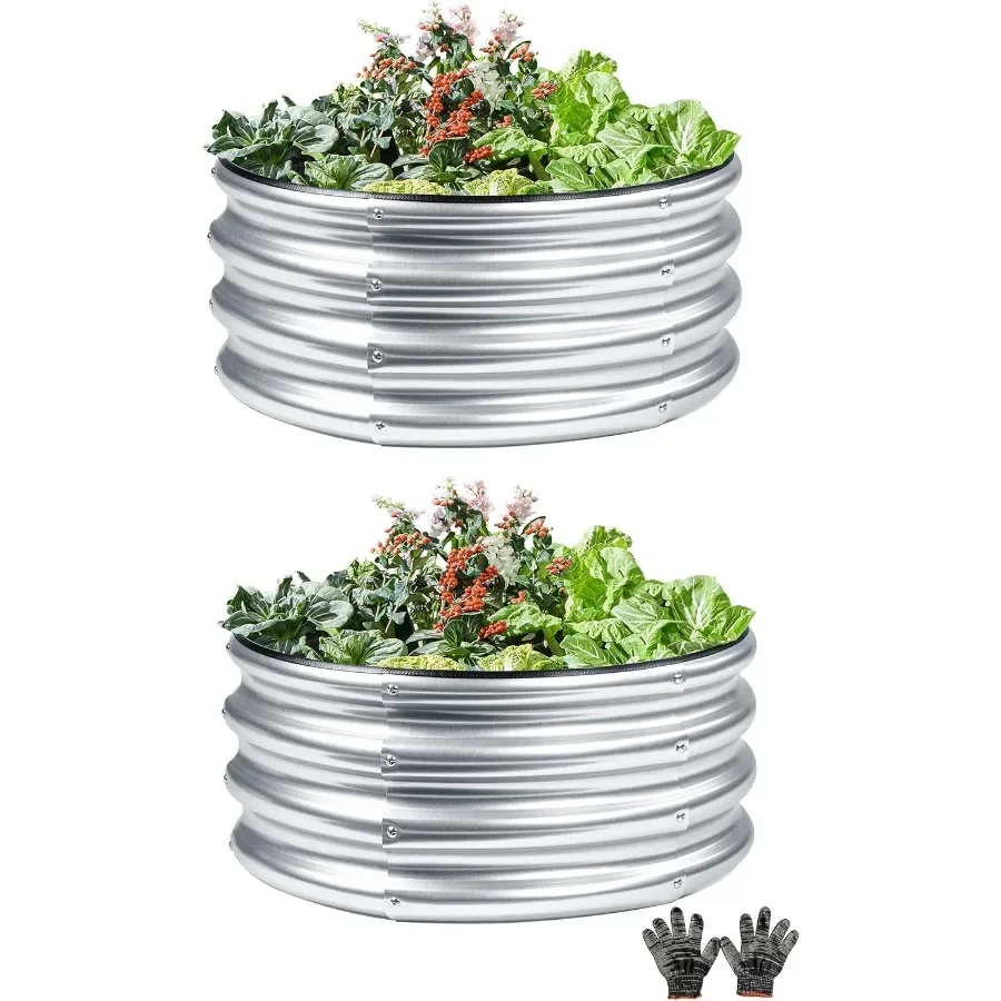 

2 Pcs 2x2X1 FT Round Galvanized Raised Garden Bed Kit Silver Outdoor Planter Garden Bed Metal Raised Box for Vegetables Fruits