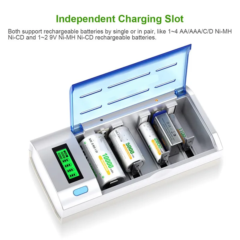 6 slots LCD Smart Display Fast Charge EU/US Plug Battery Charger for 1.2V AAA AA C D Size 9V Rechargeable Battery