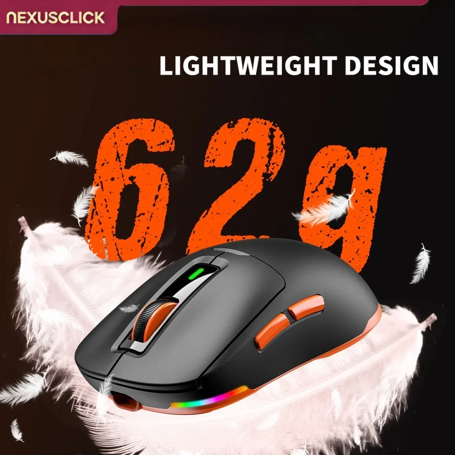 NexusClick GW24 Tri-Mode Wireless E-sports Mouse,62g Lightweight PAW3104 8000DPI RGB Backlight Magnetic Charging Gaming Mice