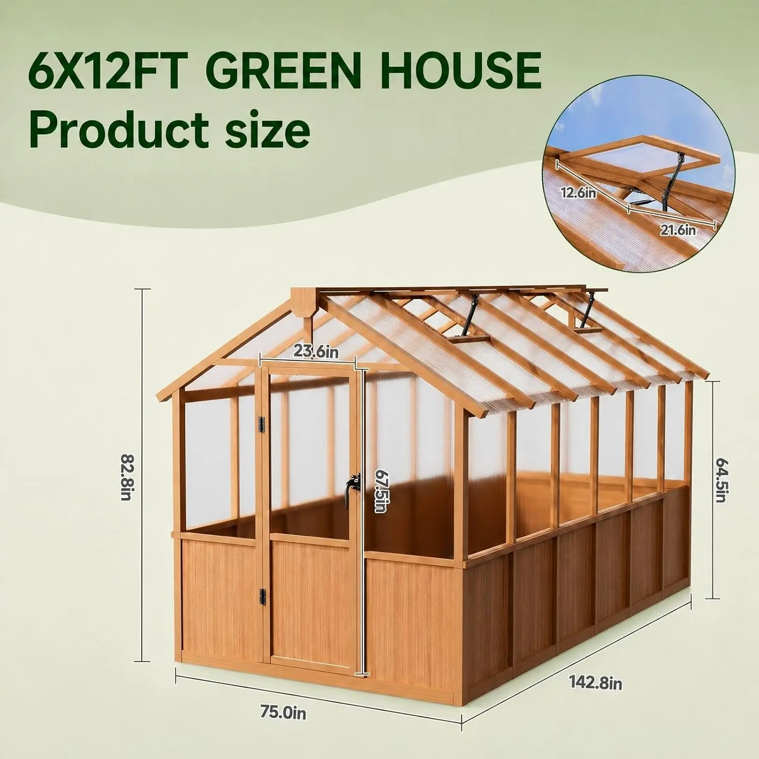 6x12 FT Wooden Greenhouse Outdoor, Heavy Duty Green House with Polycarbonate Panels, Adjustable Roof Vent, Walk-in Garden Green