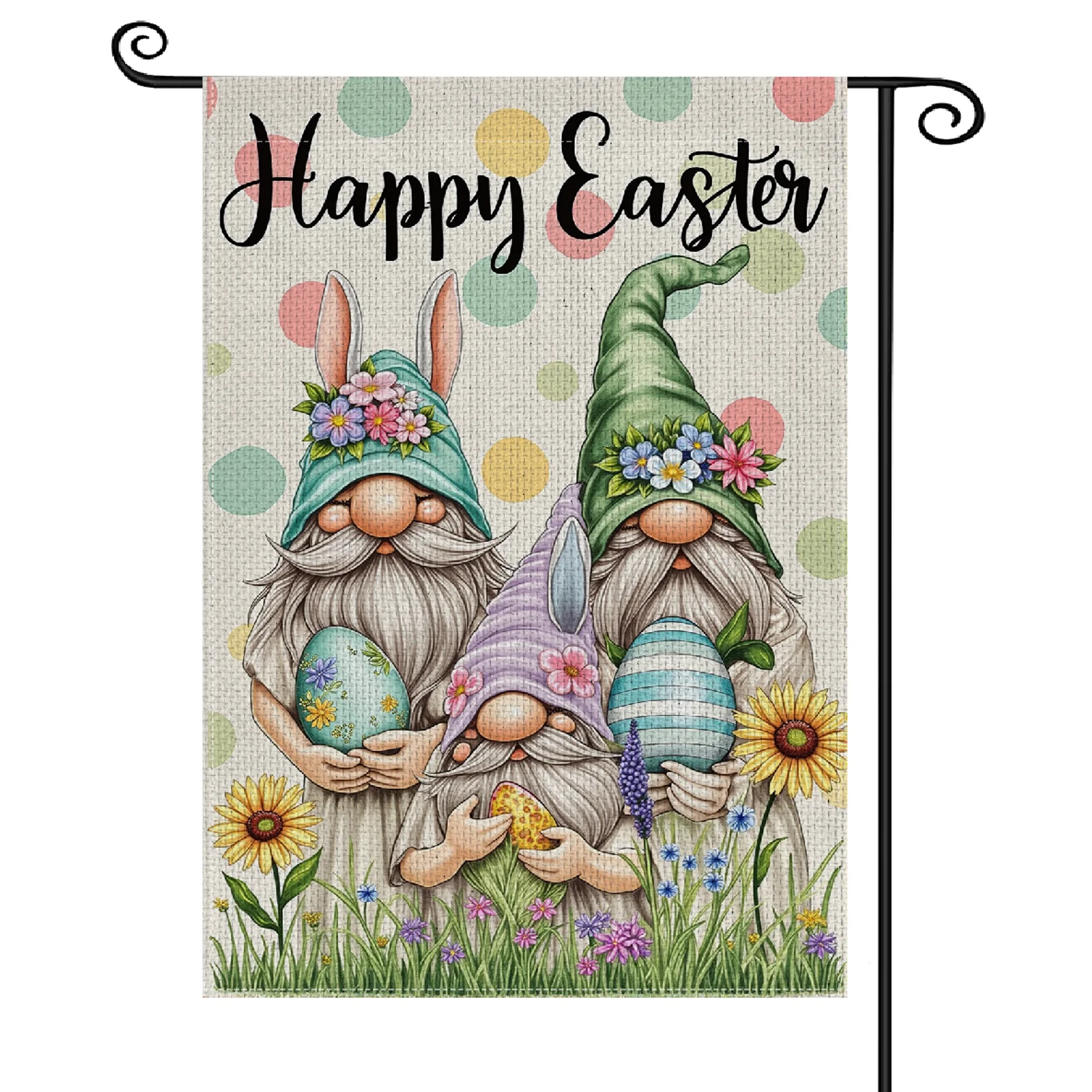 Happy Easter Garden Flag Vibrant Easter Gnome Yard Flag Floral Easter Egg Garden Banner Polka Dot Easter Yard Sign for Easter