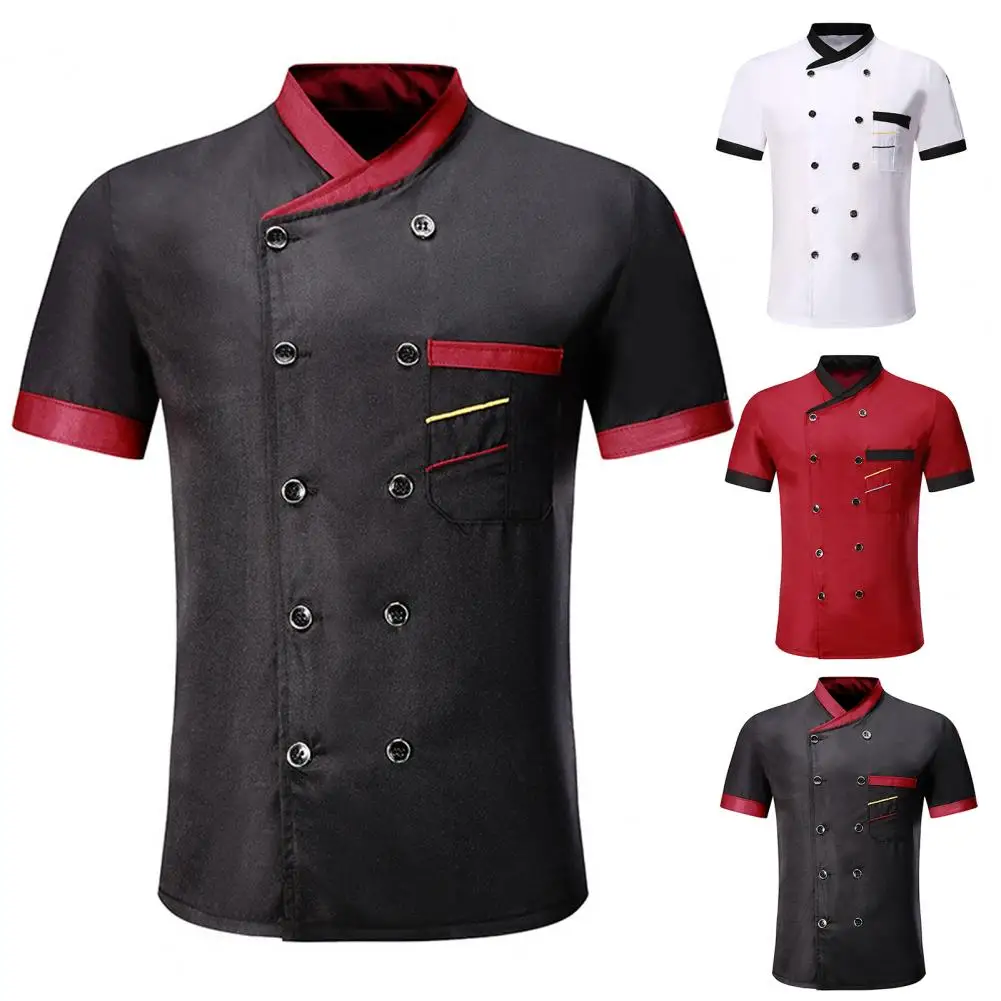 Unisex Chef Shirt Double-breasted Stand Collar Restaurant Kitchen Chef Uniform Short Sleeves Cooking Clothes Catering Chef Shirt