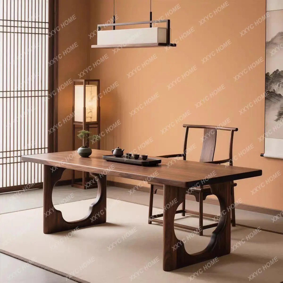Walnut pine  new Chinese big board kung fu tea table new solid wood tea table