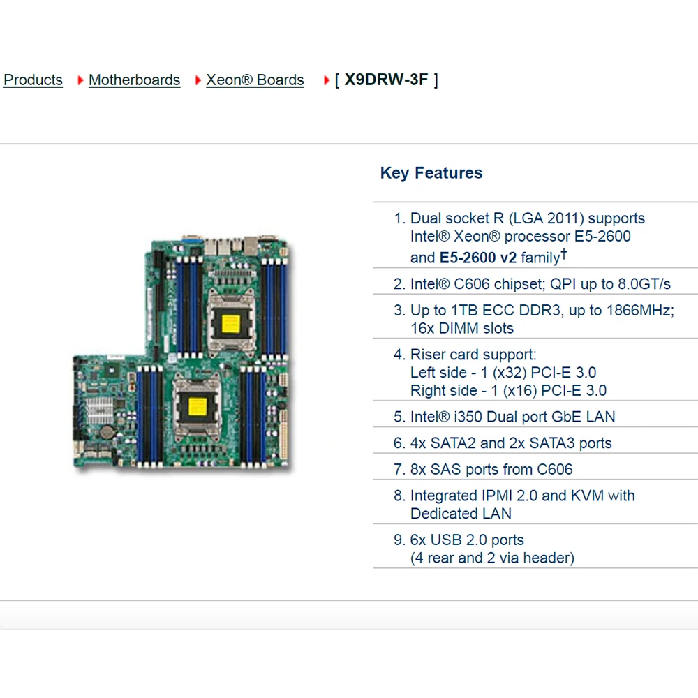 X9DRW-3F para placa base ATX de servidor bidireccional Supermicro LGA 2011 Intel C606 DDR3 Xeon E5-2600 y E5-2600 v2 familia PCI-E 3,0