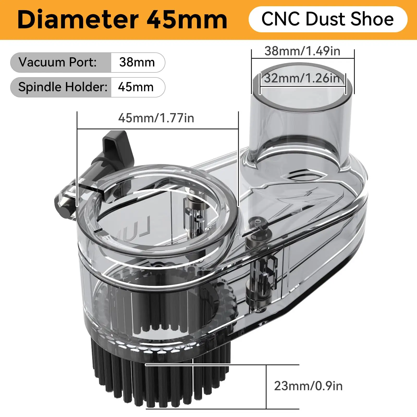 CNC Router Dust Shoe 52/45mm Diameter Clear CNC Dust Boot with 38mm Hose Diameter for 52/45mm Spindle Motors and CNC Router