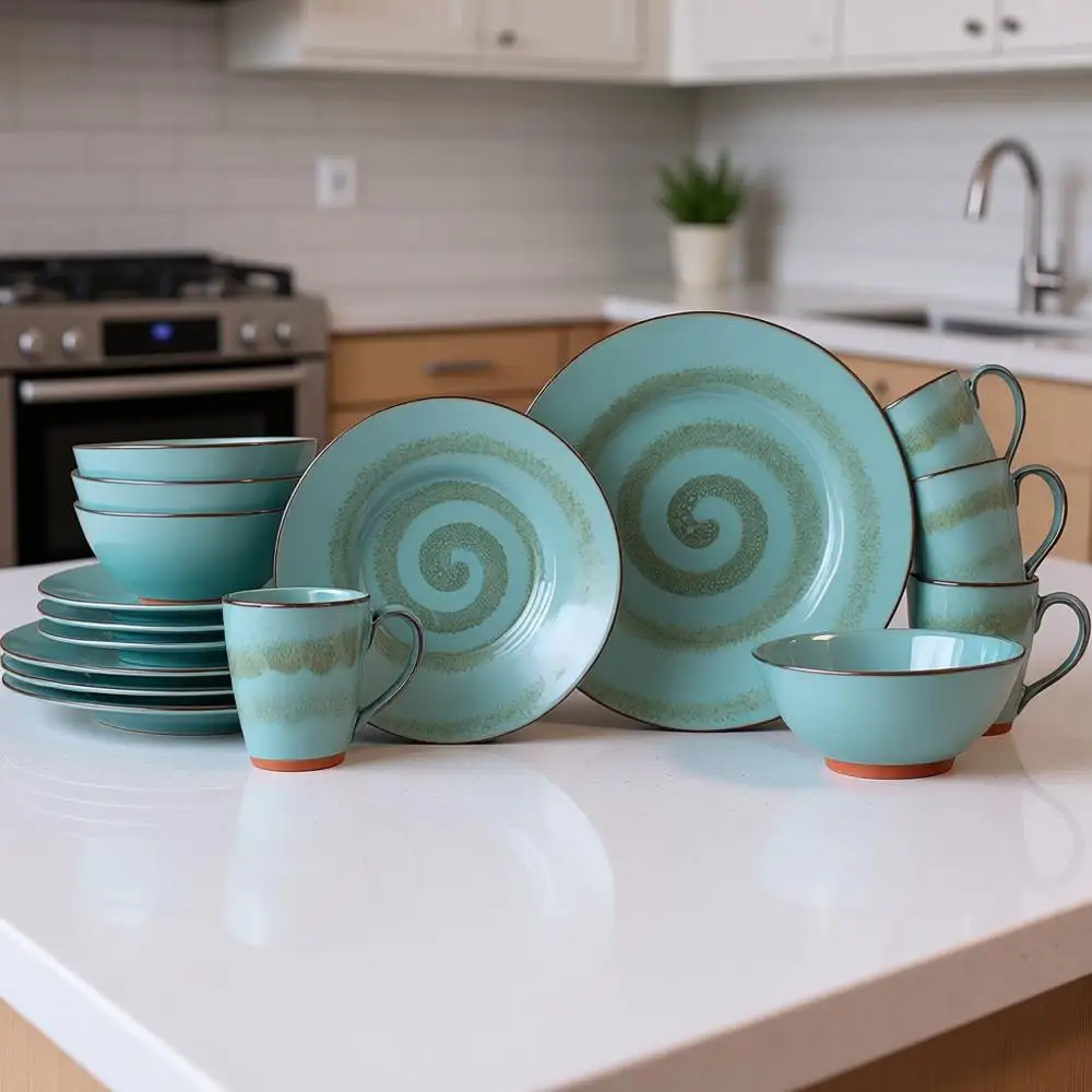

16-Piece Stoneware Dinnerware Set: Reactive Glazed Blue & Green Plates, Bowls, and Mugs - Elegant, Microwave & Dishwasher Safe