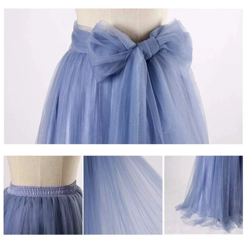 Women Long Skirts High Waisted Puffy A Line Tulle Skirt Wedding Bridesmaid Skirt with Bowknot Belt Faldas Saias Femininas Jupe