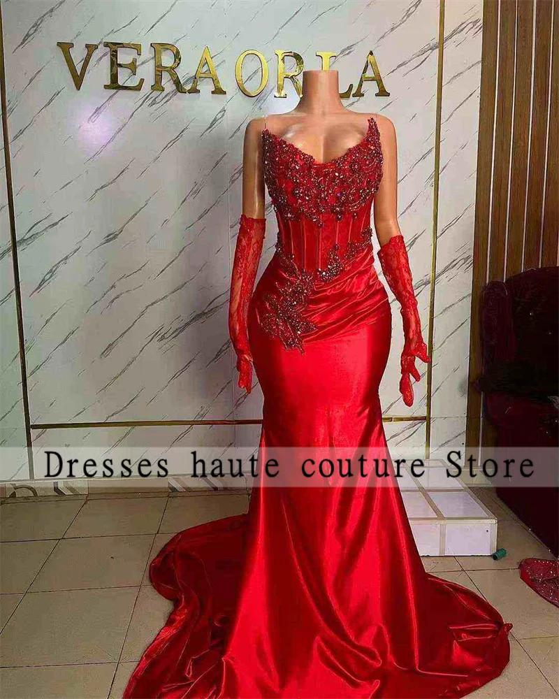 Aso Ebi Red Lace Gloves Beade Crystals Strapless Evening Dress 2025  Women Mermaid Customized Party Dress Wedding robe de gala