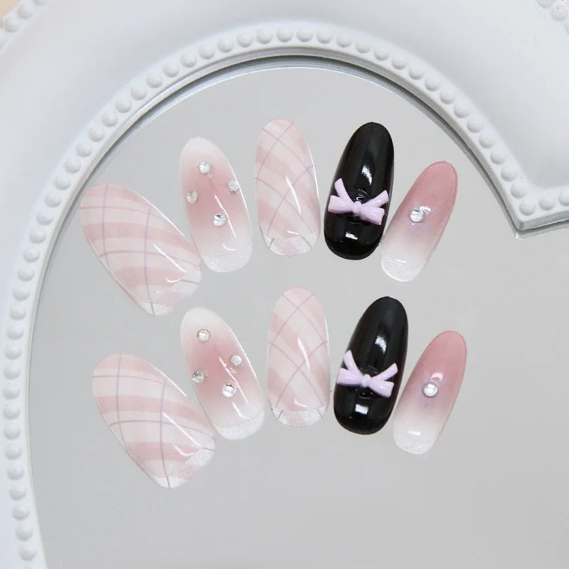 10pcs/bag Press On Nails Bowknot Design Flower Heart Pink Black Blush Rhinestones Animal Print Full Cover Wearable False Nails - Detail 1