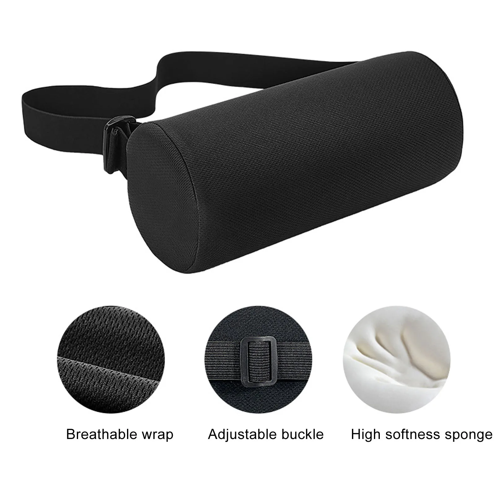 ZK30 Lumbar Roll Pillow Multifunctional Memory Foam Back Roll Waist Support Cylinder Pillow with Adjustable Strap Black