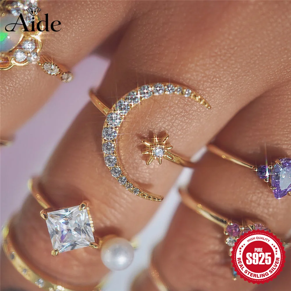 Anillo Ajustable de Plata de Ley 925 con Diseño de Estrella y Luna, Anillo con Diamantes para Mujer, Regalo para Fiestas de Verano en la Playa o Pedidas de Mano