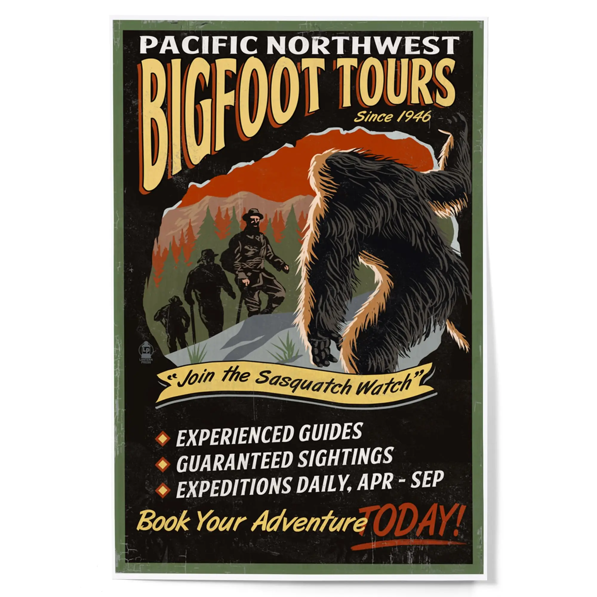 Lantern Press Kunstdruck Wanddekoration, Nordwest, Bigfoot Tours, Vintage Schild