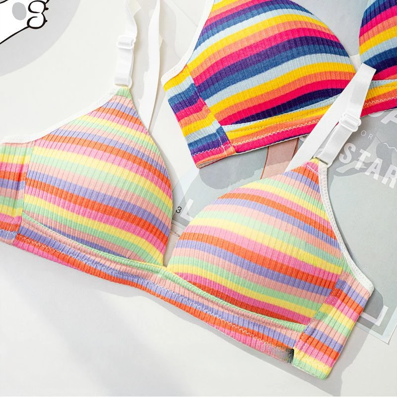 Dopamine girl rainbow stripes color girl small breast no steel ring underwear back bra bra high impact sports bra