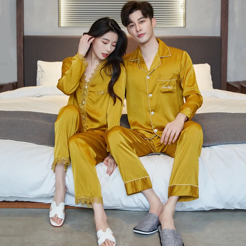 Gray Rayon Couple Pajamas Set Sleepwear Spring Autumn Long Sleeve Shirt&pant Bridegroom Bride Wedding Gift Casual Home Clothes