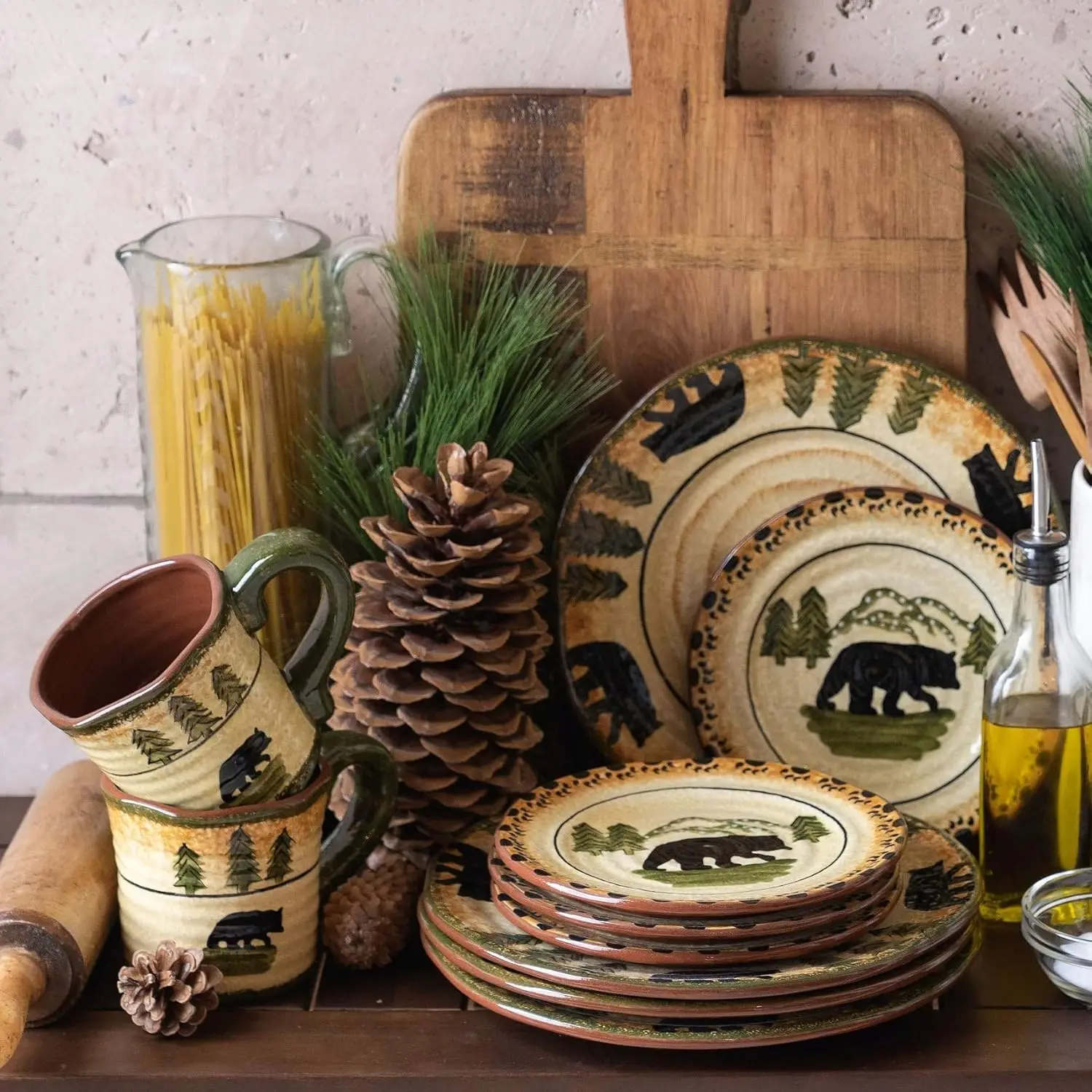 Paseo Road By Hiend Accents Rustic Bear 16 Piece Ceramic Dinnerware Set With Plates, Bowls And Mugs, Rustic Cabin Lodge Style