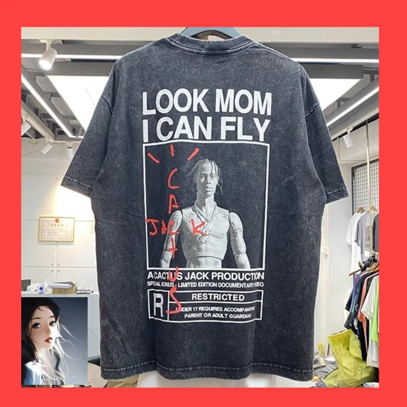 

Heavy Fabric Vintage Washed Cactus Jack T-shirt for Men Women LOOK MUN I CAN FLY Text LOGO Print T Shirt Cotton Short Sleeve