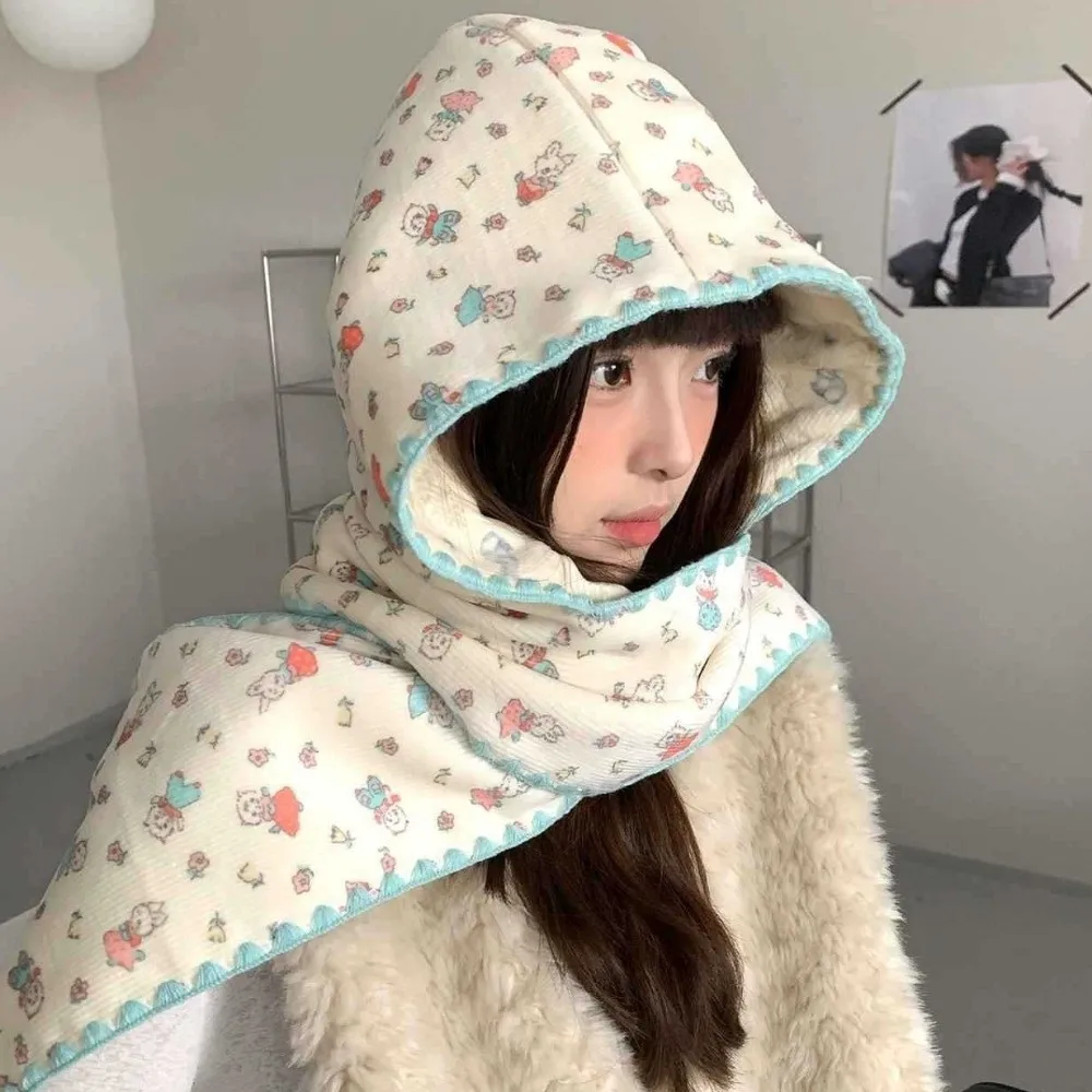 Cute Double-Sided Winter Scarf Hat Thick Warm Hooded Earmuffs Scarf Convertible Floral Print Two-In-One Hat Scarf Cold Weather