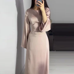 Women's Elegant O Neck High Waist Satin Dress Ladies Fashion Temperament Long Sleeve Slim Party Dress Monochromatic Casual Robe