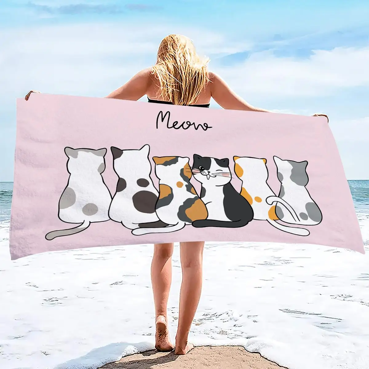 1 piece of 160x80cm pink cute cat digital printed bath towel beach towel, thickened, enlarged, soft and comfortable