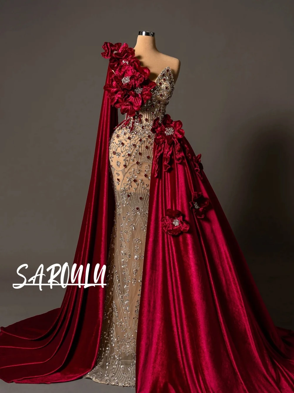 

Exquisite Crystals One Shoulder Mermaid Evening Dress Dubai 3D Floral Velvet Cape Train Delicate Banquet Prom Gown Customized