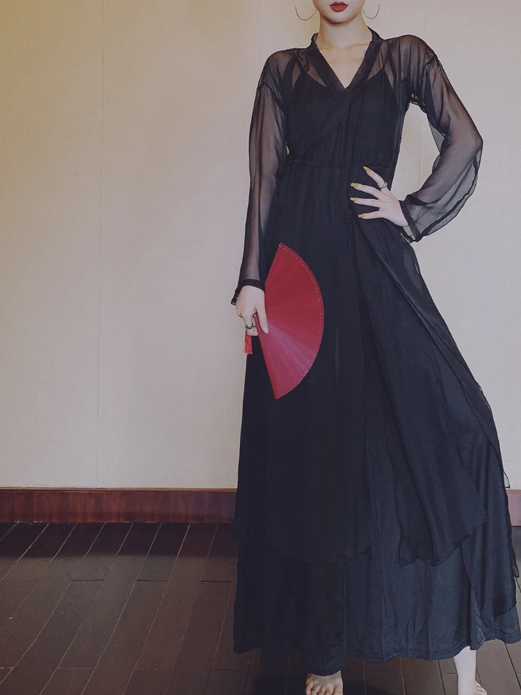 

Ele Ancient Chinese Sle awl Wrap Dance Costume Long Sve V-Ne Midi Dr for Women in Spring Season