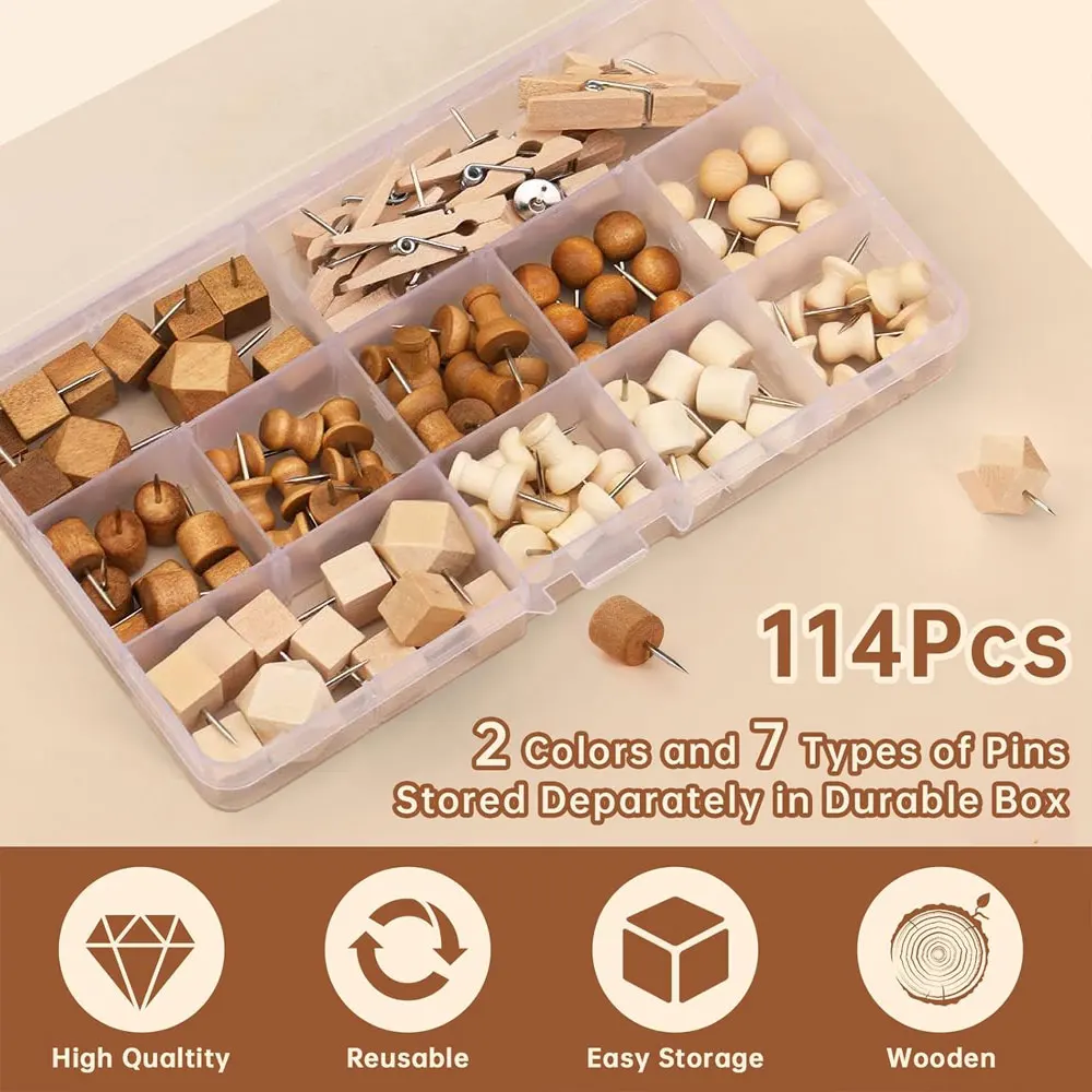 114 Wooden Thumbtacks, 2 Colors, 7 Styles, Decorative Wooden Thumbtacks, Map Marker Thumbtacks.