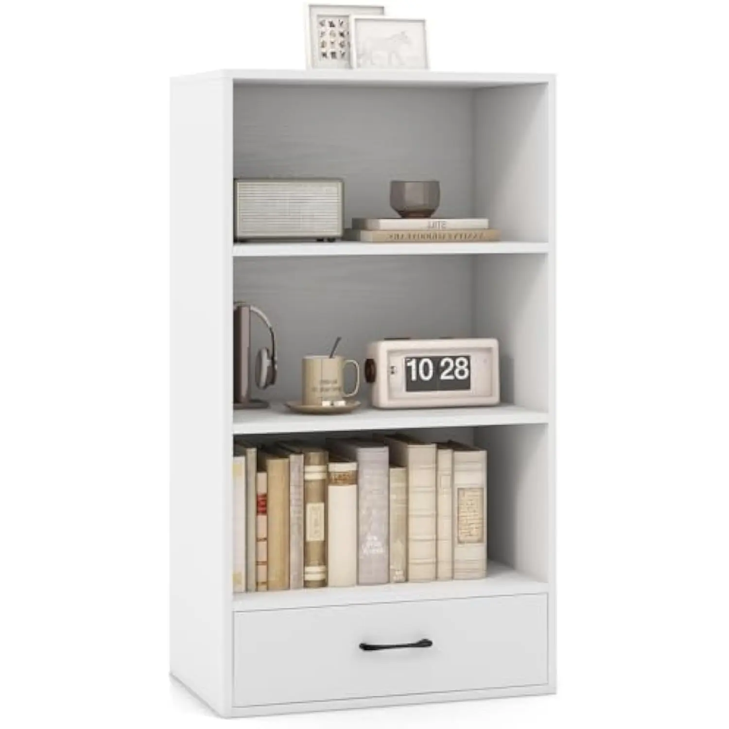 

GOFLAME 4-уровневый книжный шкаф с ящиком для хранения, современная высокая книжная полка с 3 открытыми полками, отдельно стоящие стеллажи для хранения