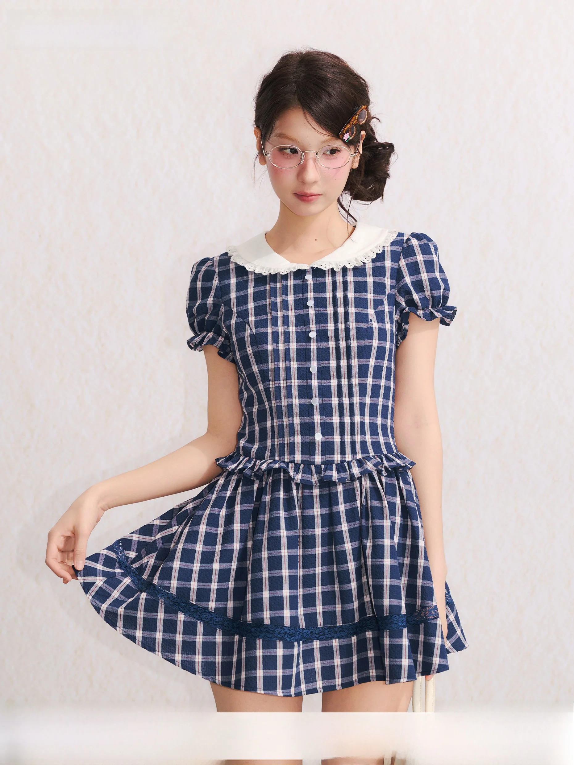 

Umoumo Summer Vintage Doll Collar Lace Bubble Sleeve Dress Sweet Slimming Women's Cotton Blend Floral Trim Princess Style Dress